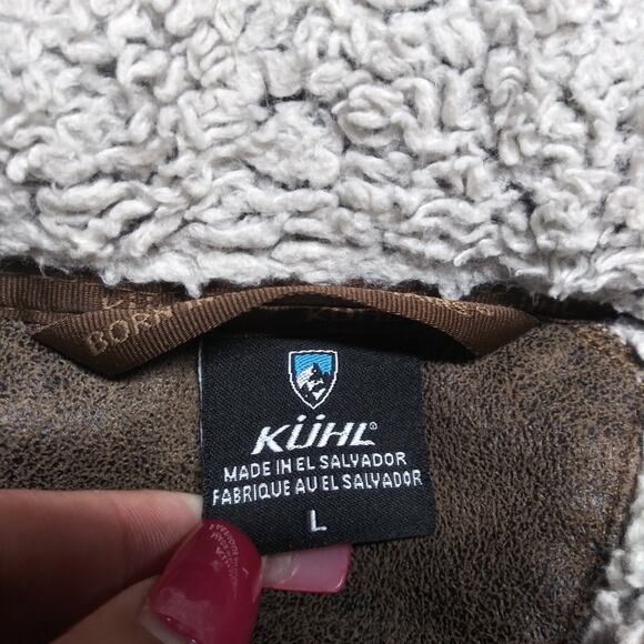 Kuhl Women's Flight Jacket Fleece Tan Stone Leather Trim Outdoor Size L - Picture 12 of 13